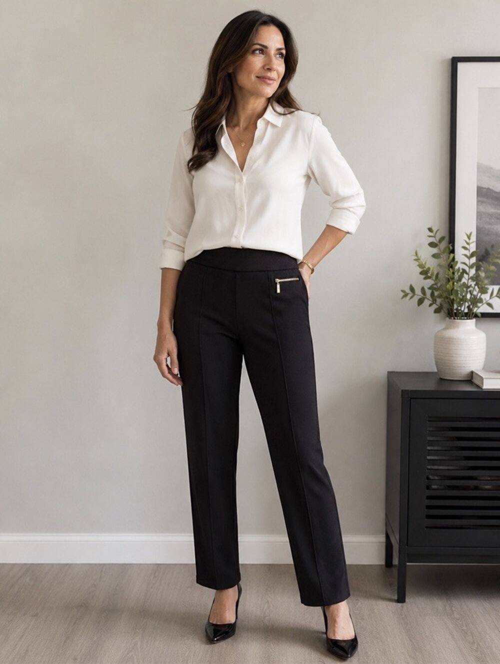 Anne Klein Women’s Black Soft Knit Sz M Pockets Stretch Wide Leg Capsule Comfort